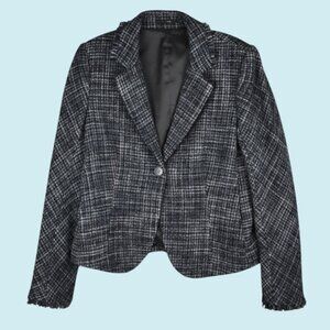 Theory Blazer Women's 10 Plaid Navy, Gray, Black Laseili Wool Fitted Fringe